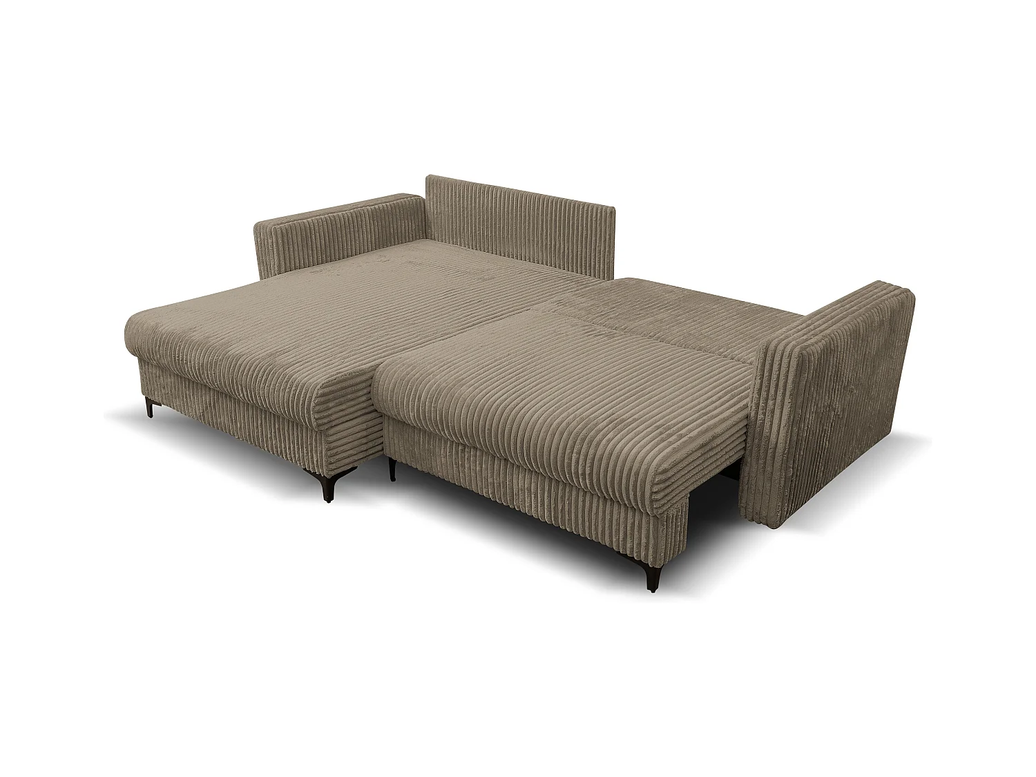 Canapé d'angle Como avec fonction de couchage et coffre de rangement, couleur : marron, tissu cordé, pouf à gauche