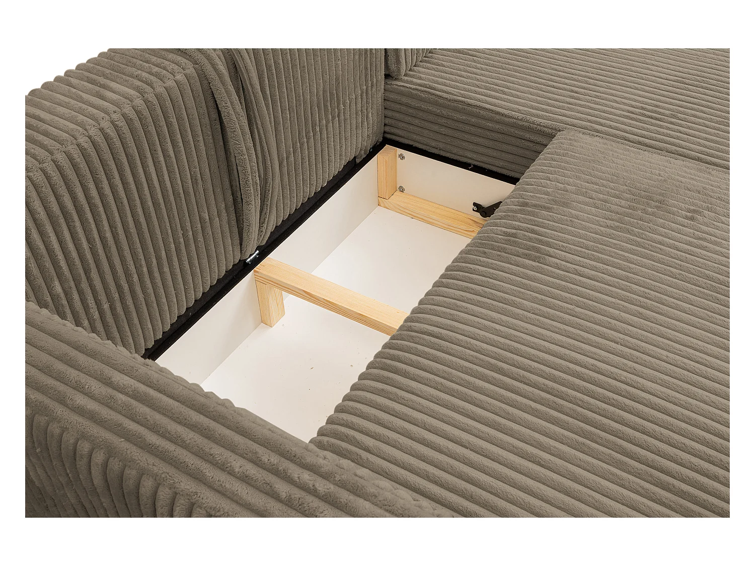 Canapé d'angle Como avec fonction de couchage et coffre de rangement, couleur : marron, tissu cordé, pouf à gauche