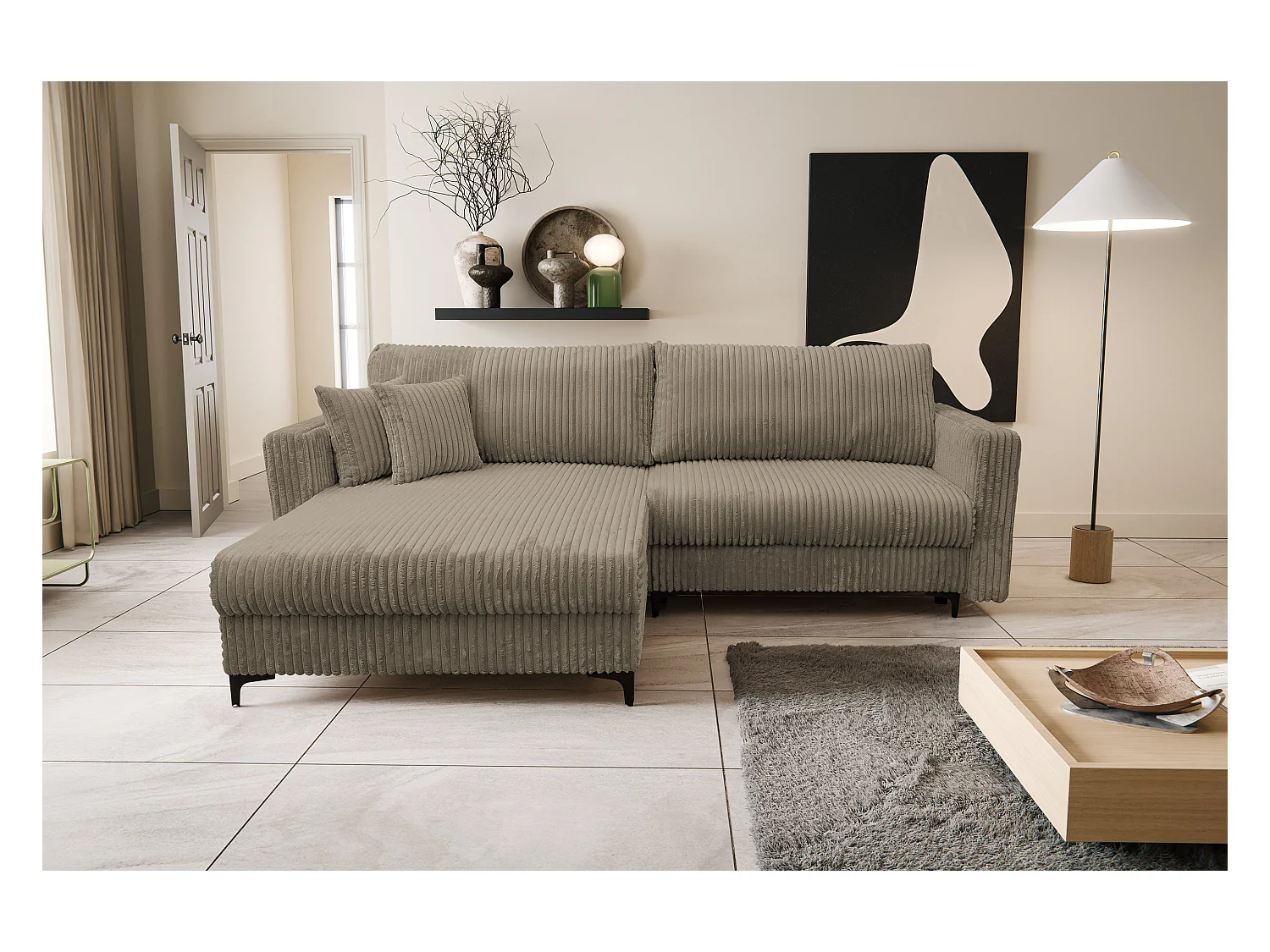 Canapé d'angle Como avec fonction de couchage et coffre de rangement, couleur : marron, tissu cordé, pouf à gauche