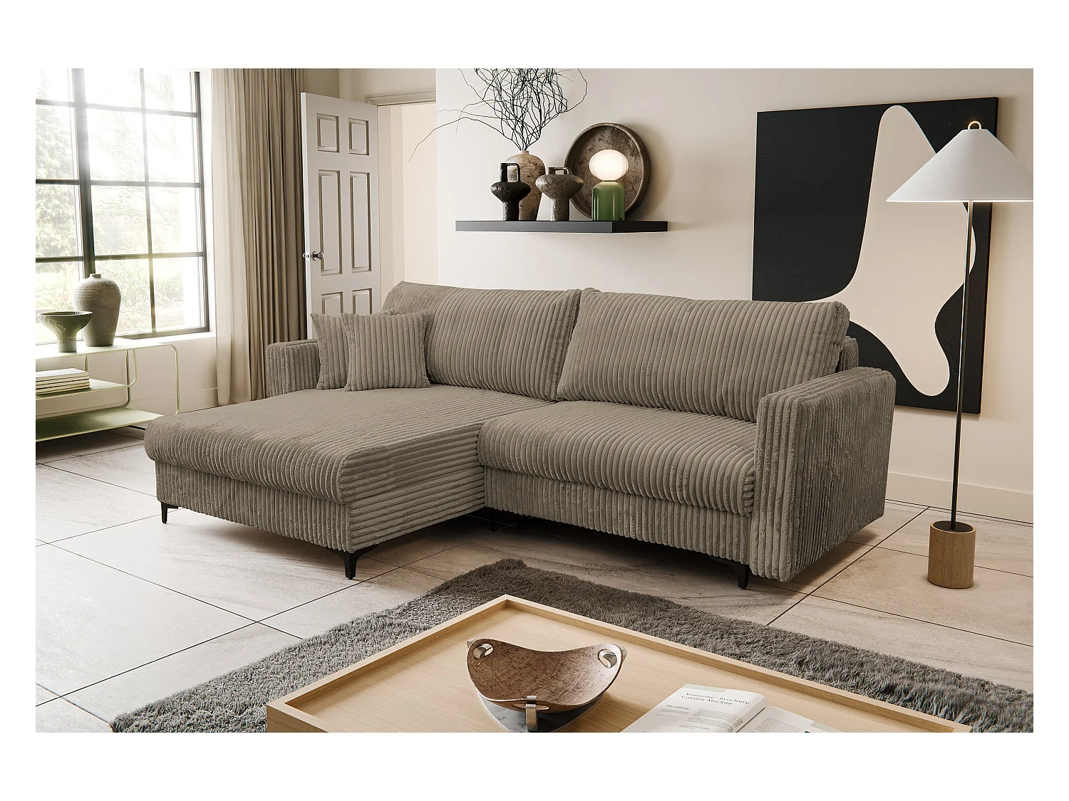 Canapé d'angle Como avec fonction de couchage et coffre de rangement, couleur : marron, tissu cordé, pouf à gauche