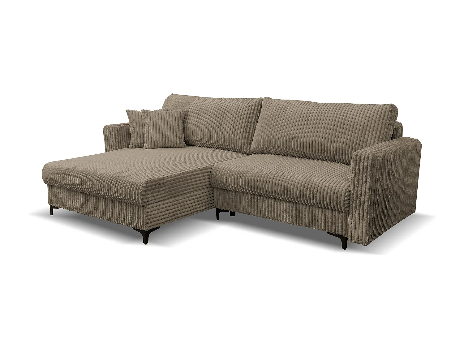 Canapé d'angle Como avec fonction de couchage et coffre de rangement, couleur : marron, tissu cordé, pouf à gauche