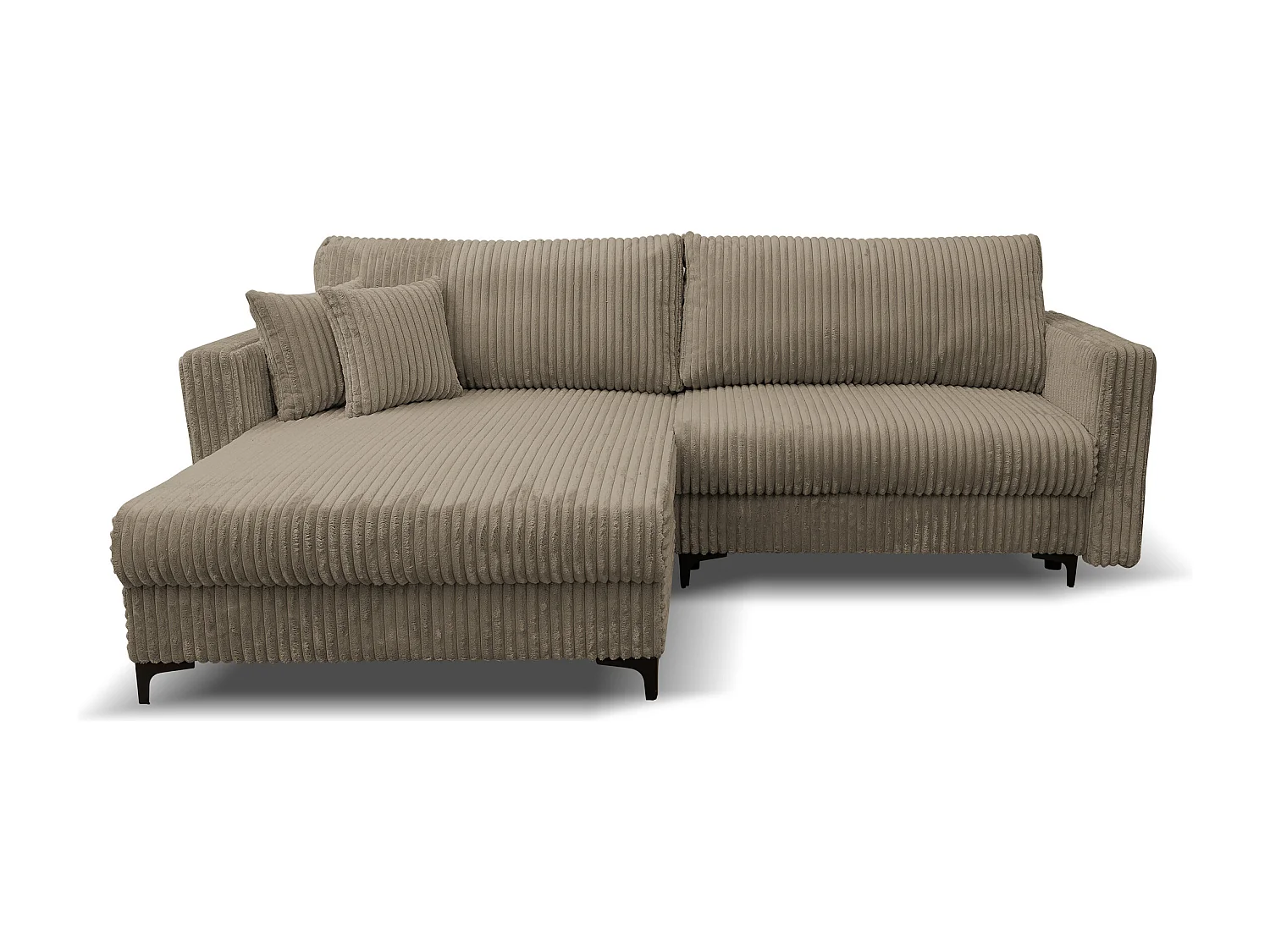 Canapé d'angle Como avec fonction de couchage et coffre de rangement, couleur : marron, tissu cordé, pouf à gauche