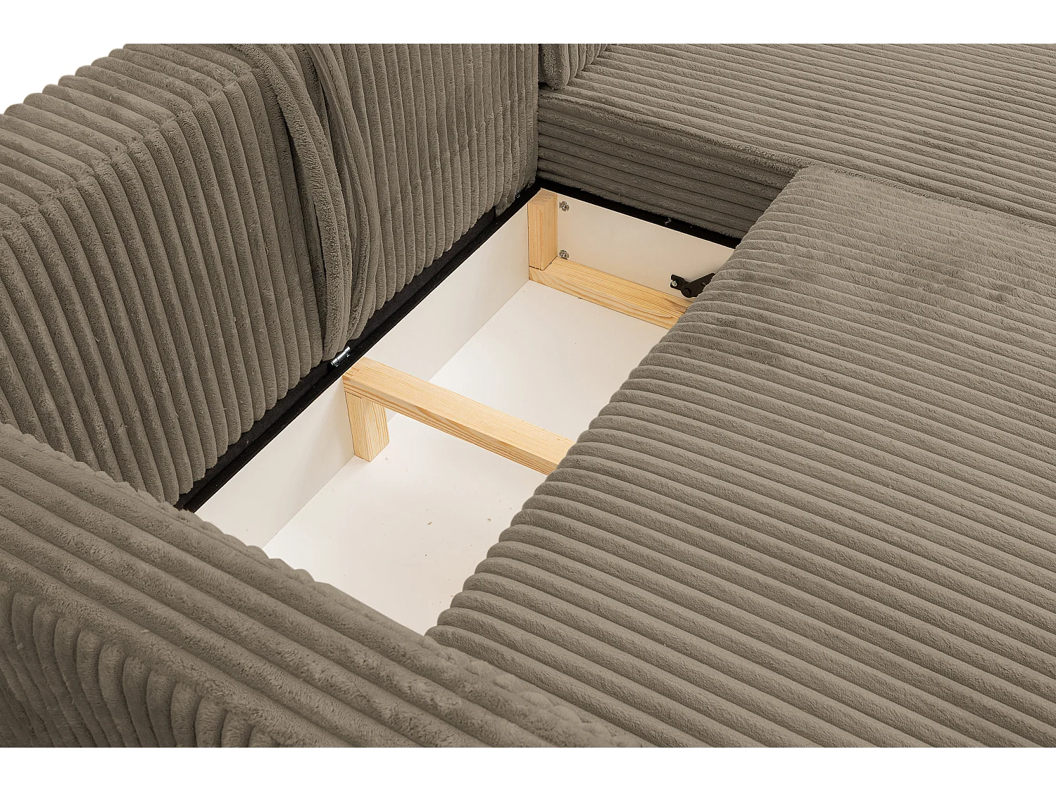 Canapé d'angle Como avec fonction de couchage et coffre de rangement, couleur : marron, tissu cordé, pouf à gauche