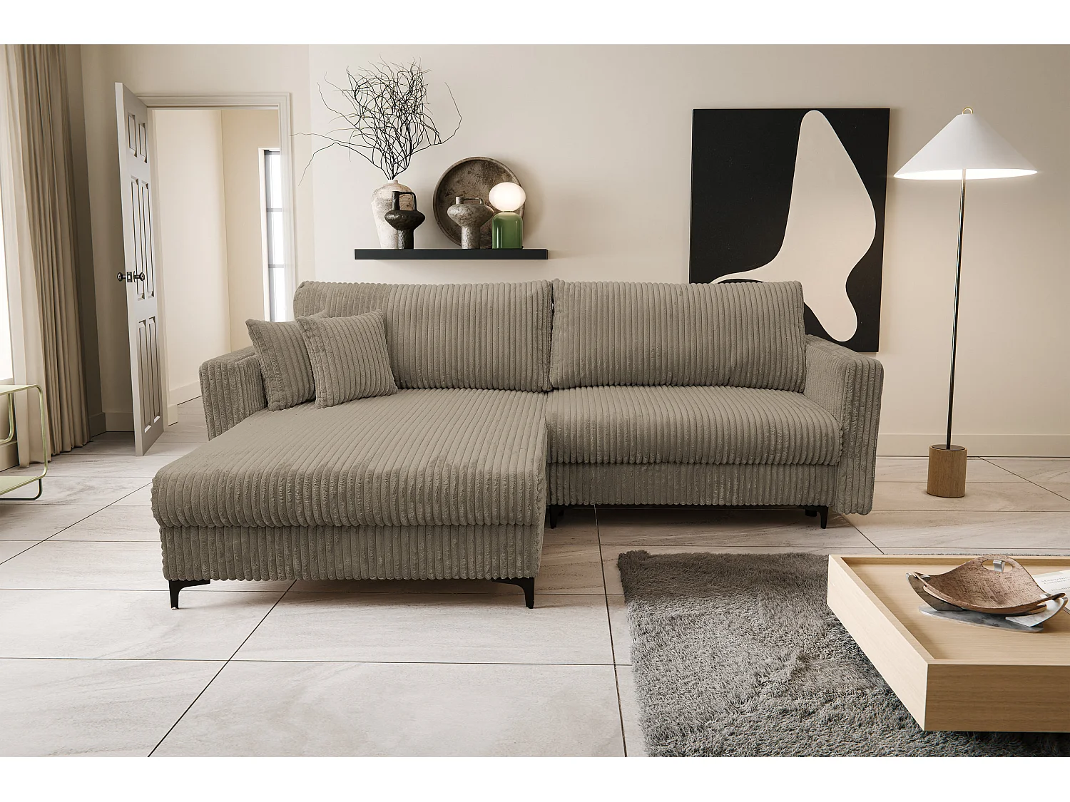 Canapé d'angle Como avec fonction de couchage et coffre de rangement, couleur : marron, tissu cordé, pouf à gauche