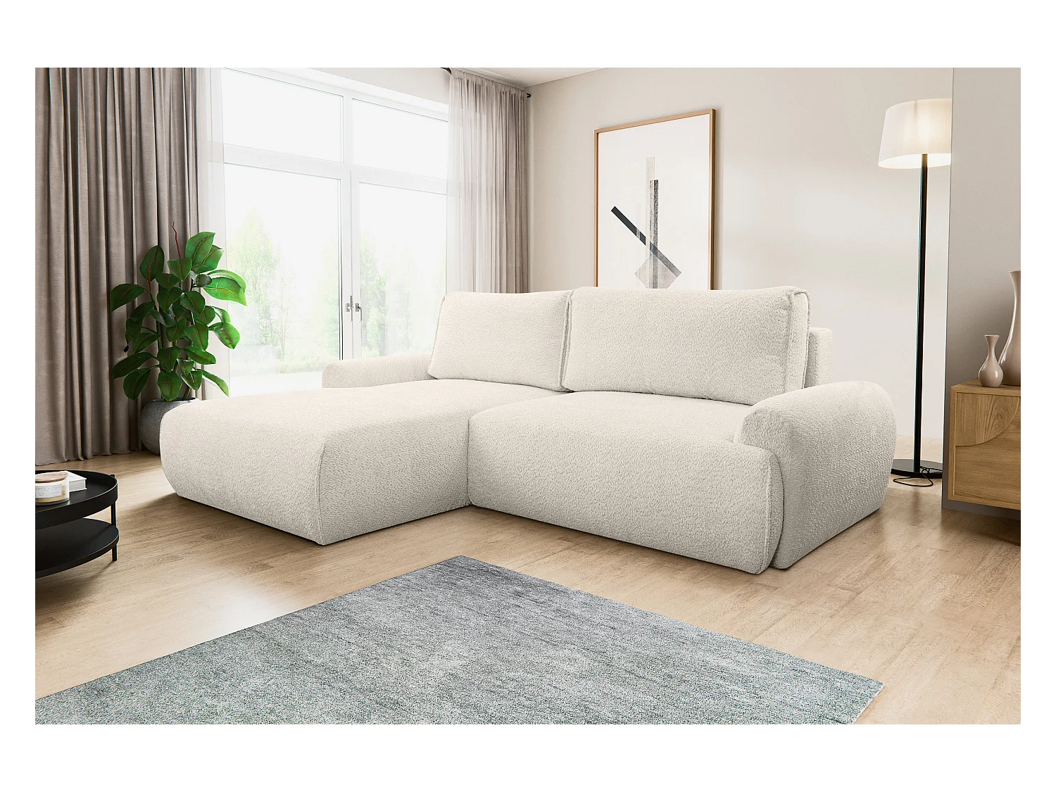 Canapé d'angle Moon avec fonction couchage et coffre de rangement, couleur : beige, tissu bouclé, pouf à gauche