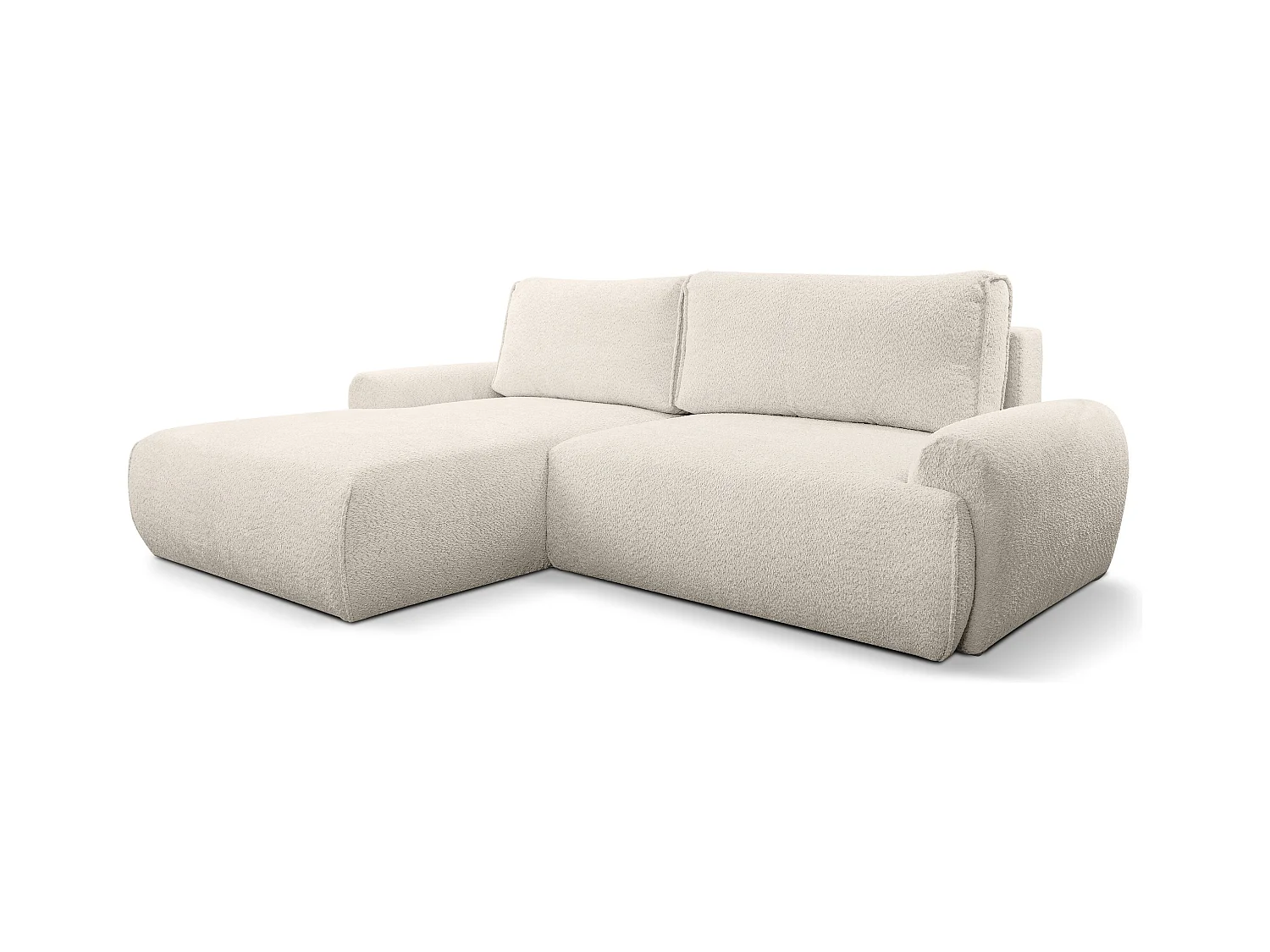 Canapé d'angle Moon avec fonction couchage et coffre de rangement, couleur : beige, tissu bouclé, pouf à gauche