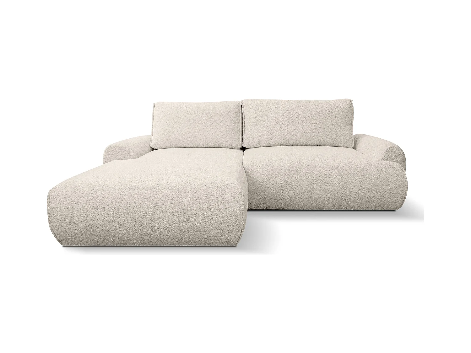 Canapé d'angle Moon avec fonction couchage et coffre de rangement, couleur : beige, tissu bouclé, pouf à gauche