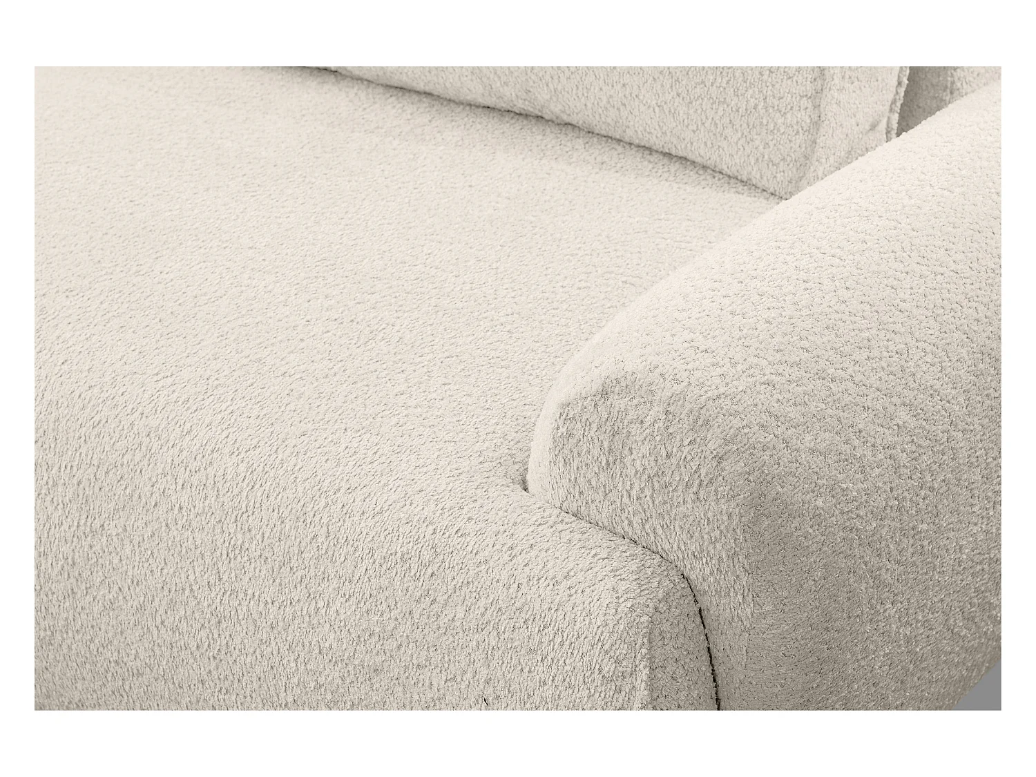 Canapé d'angle Moon avec fonction couchage et coffre de rangement, couleur : beige, tissu bouclé, pouf à gauche