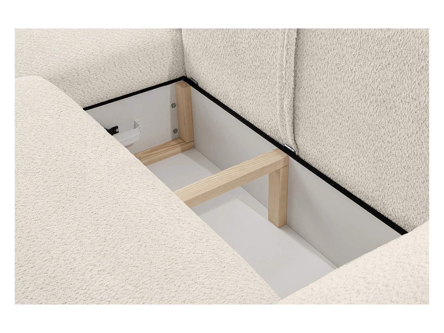 Canapé d'angle Moon avec fonction couchage et coffre de rangement, couleur : beige, tissu bouclé, pouf à gauche