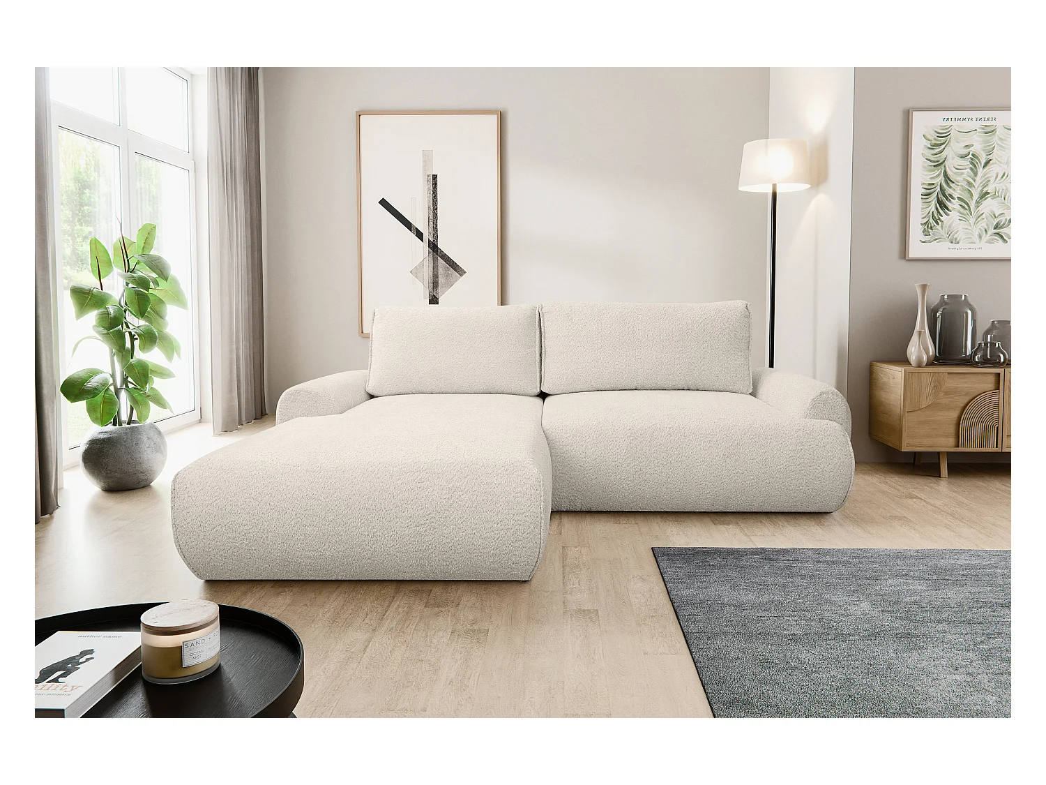 Canapé d'angle Moon avec fonction couchage et coffre de rangement, couleur : beige, tissu bouclé, pouf à gauche