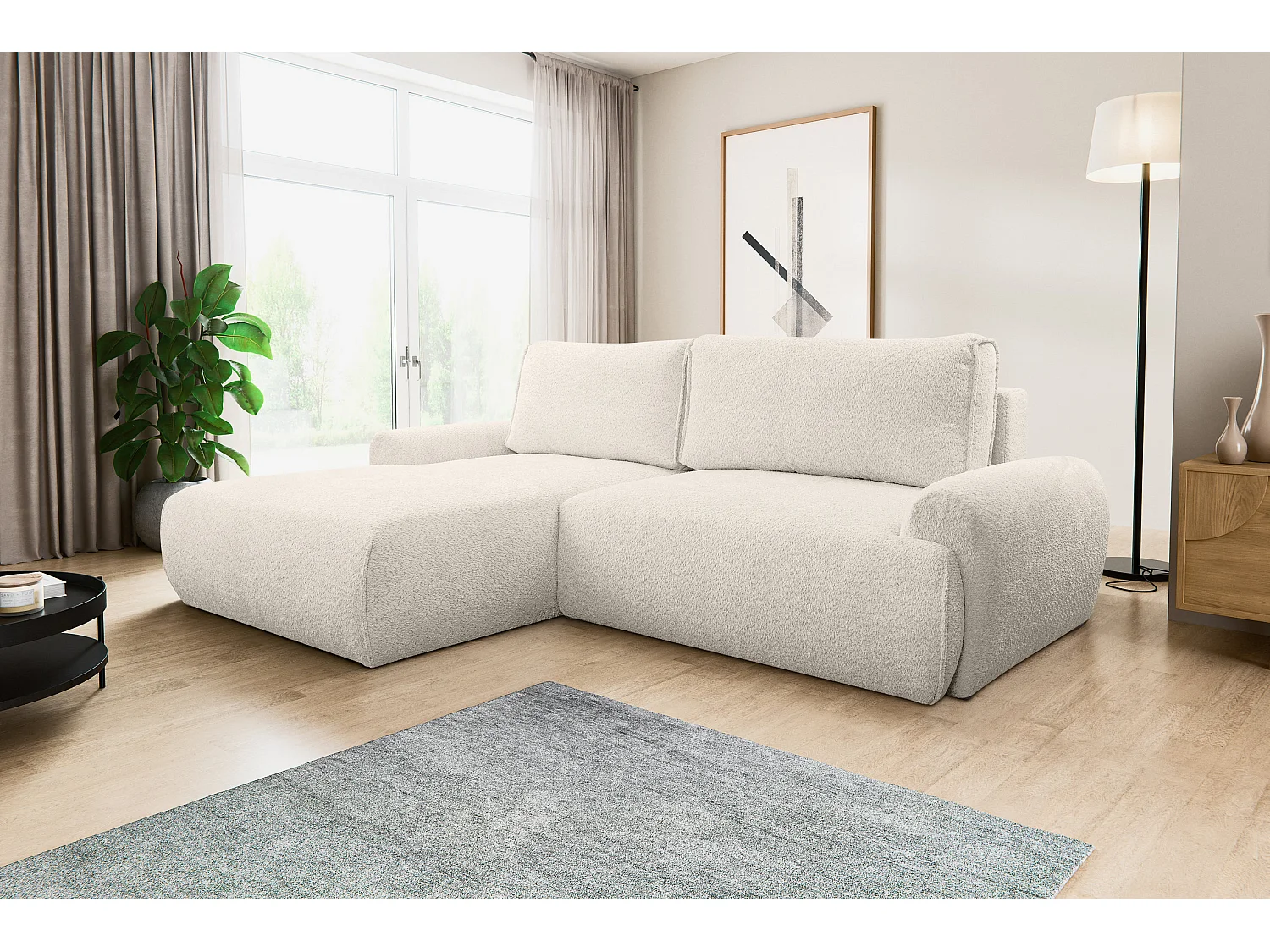 Canapé d'angle Moon avec fonction couchage et coffre de rangement, couleur : beige, tissu bouclé, pouf à gauche