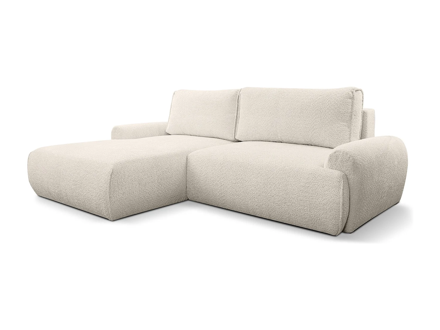 Canapé d'angle Moon avec fonction couchage et coffre de rangement, couleur : beige, tissu bouclé, pouf à gauche