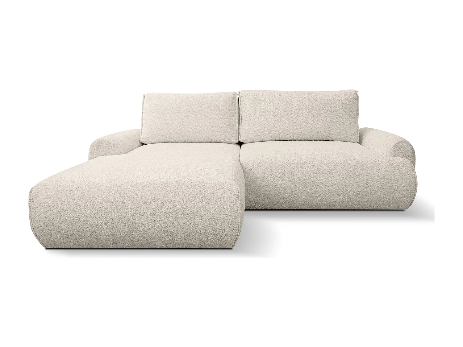 Canapé d'angle Moon avec fonction couchage et coffre de rangement, couleur : beige, tissu bouclé, pouf à gauche