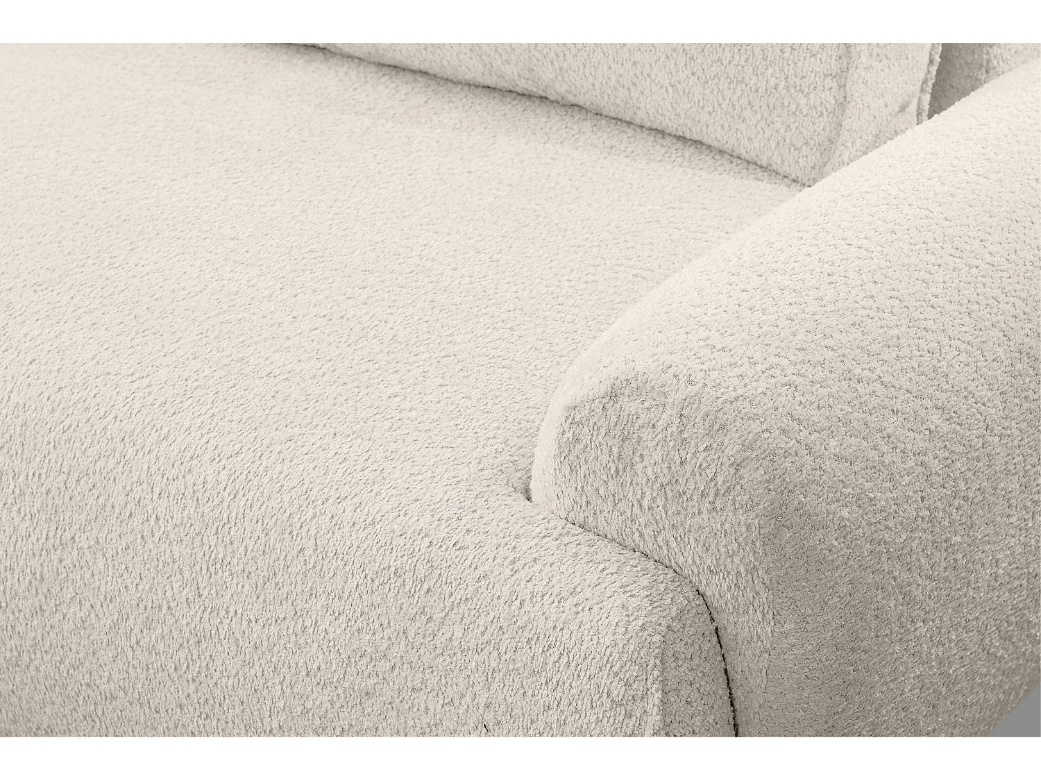 Canapé d'angle Moon avec fonction couchage et coffre de rangement, couleur : beige, tissu bouclé, pouf à gauche