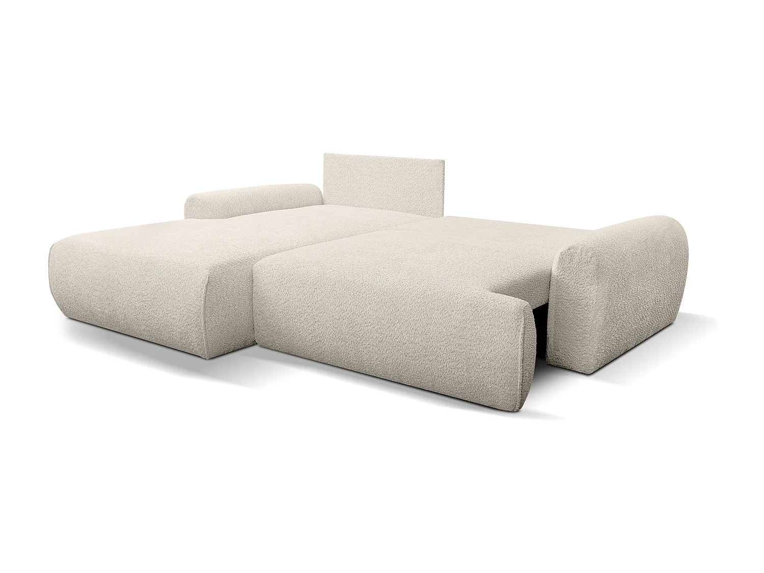 Canapé d'angle Moon avec fonction couchage et coffre de rangement, couleur : beige, tissu bouclé, pouf à gauche