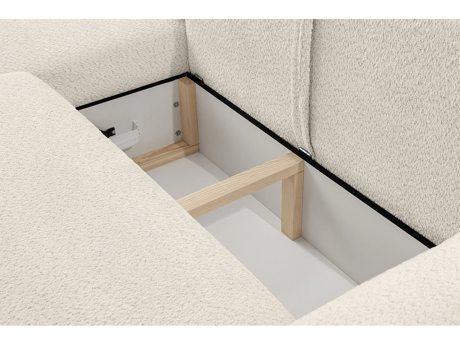 Canapé d'angle Moon avec fonction couchage et coffre de rangement, couleur : beige, tissu bouclé, pouf à gauche