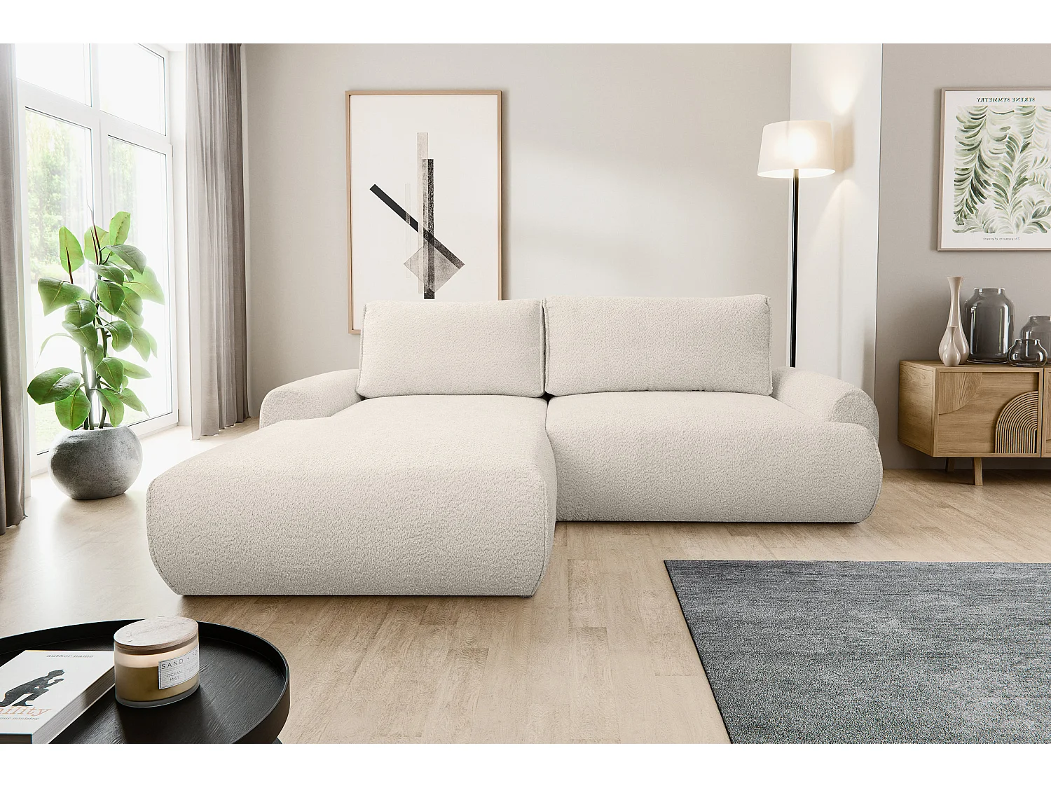 Canapé d'angle Moon avec fonction couchage et coffre de rangement, couleur : beige, tissu bouclé, pouf à gauche