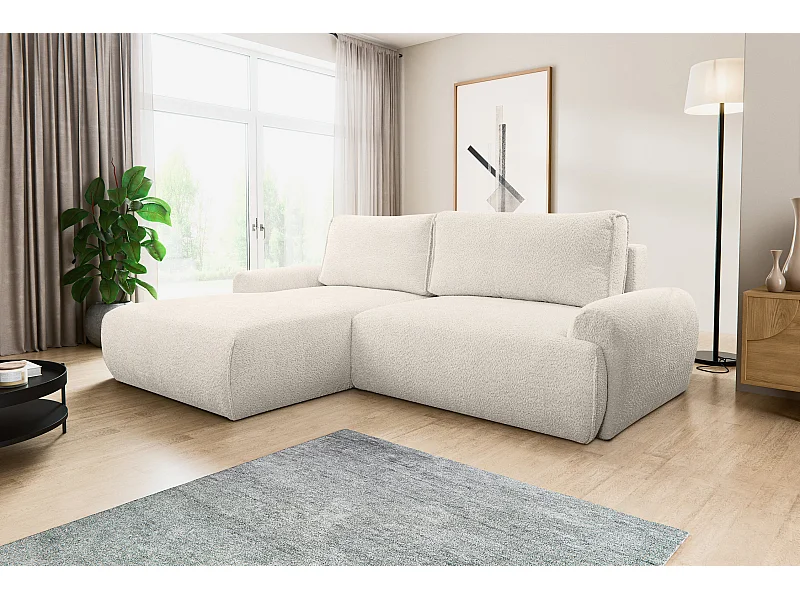 Canapé d'angle Moon avec fonction couchage et coffre de rangement, couleur : beige, tissu bouclé, pouf à gauche