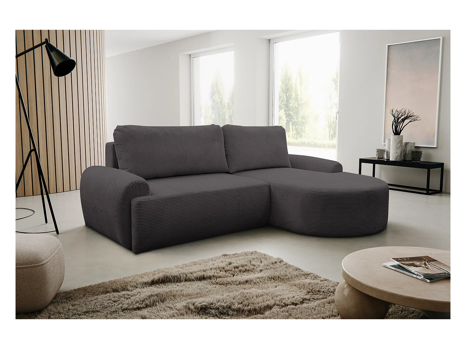 Canapé d'angle Dream Cord avec fonction couchage et coffre de rangement, couleur : gris, tissu velours côtelé, pouf à droite