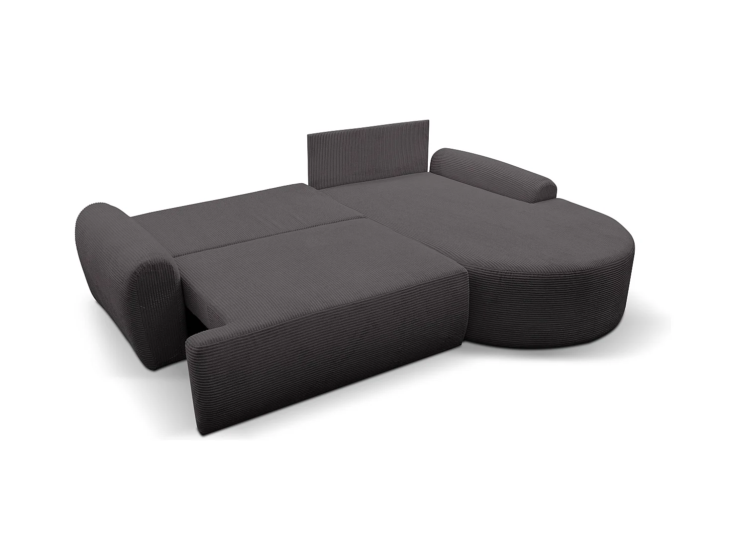 Canapé d'angle Dream Cord avec fonction couchage et coffre de rangement, couleur : gris, tissu velours côtelé, pouf à droite