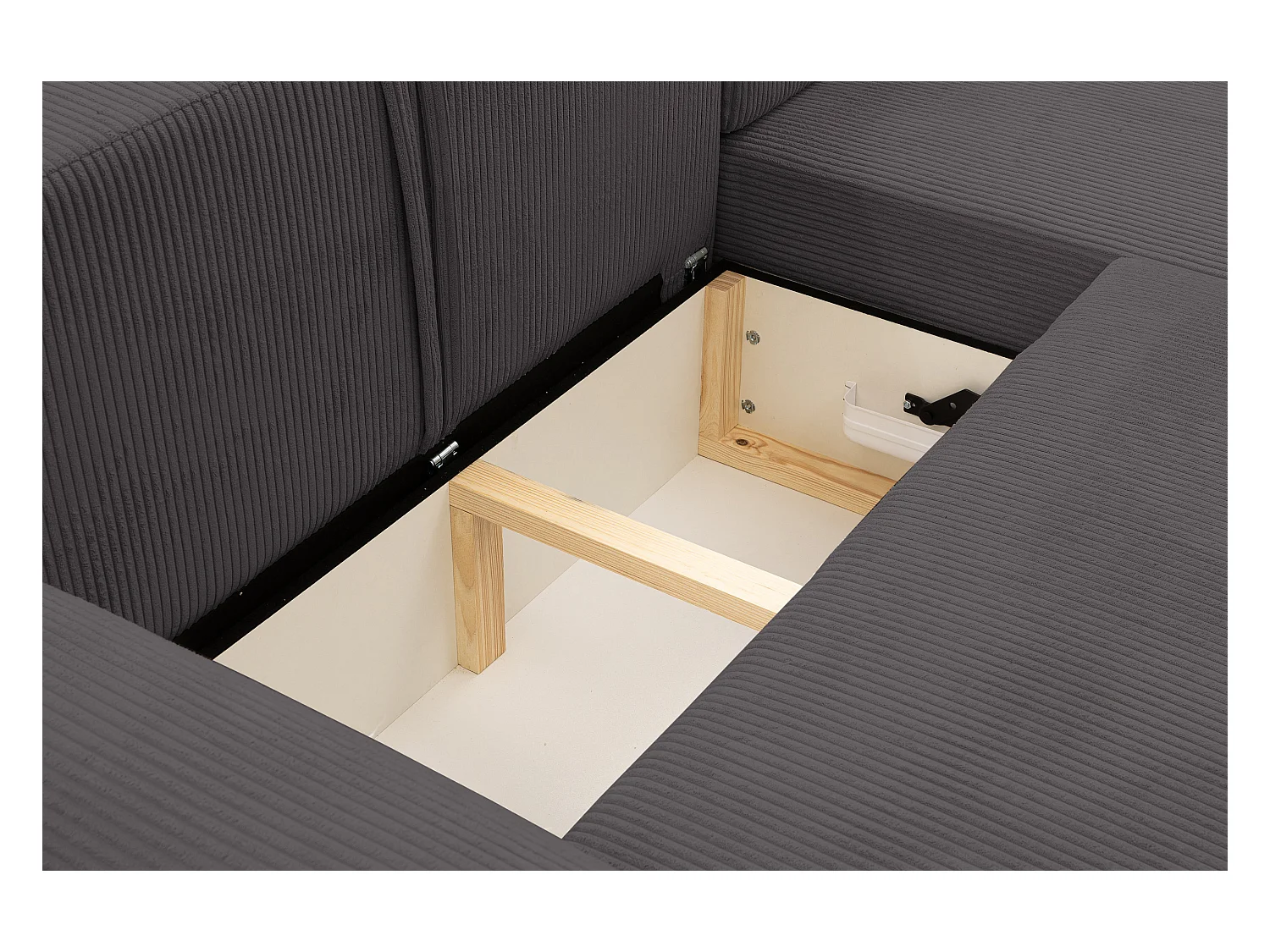 Canapé d'angle Dream Cord avec fonction couchage et coffre de rangement, couleur : gris, tissu velours côtelé, pouf à droite