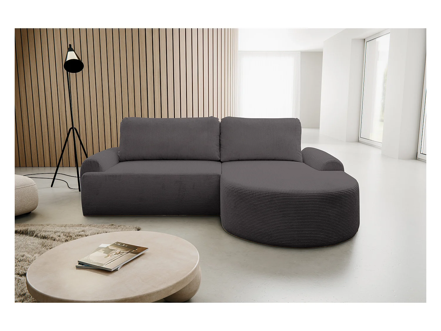 Canapé d'angle Dream Cord avec fonction couchage et coffre de rangement, couleur : gris, tissu velours côtelé, pouf à droite