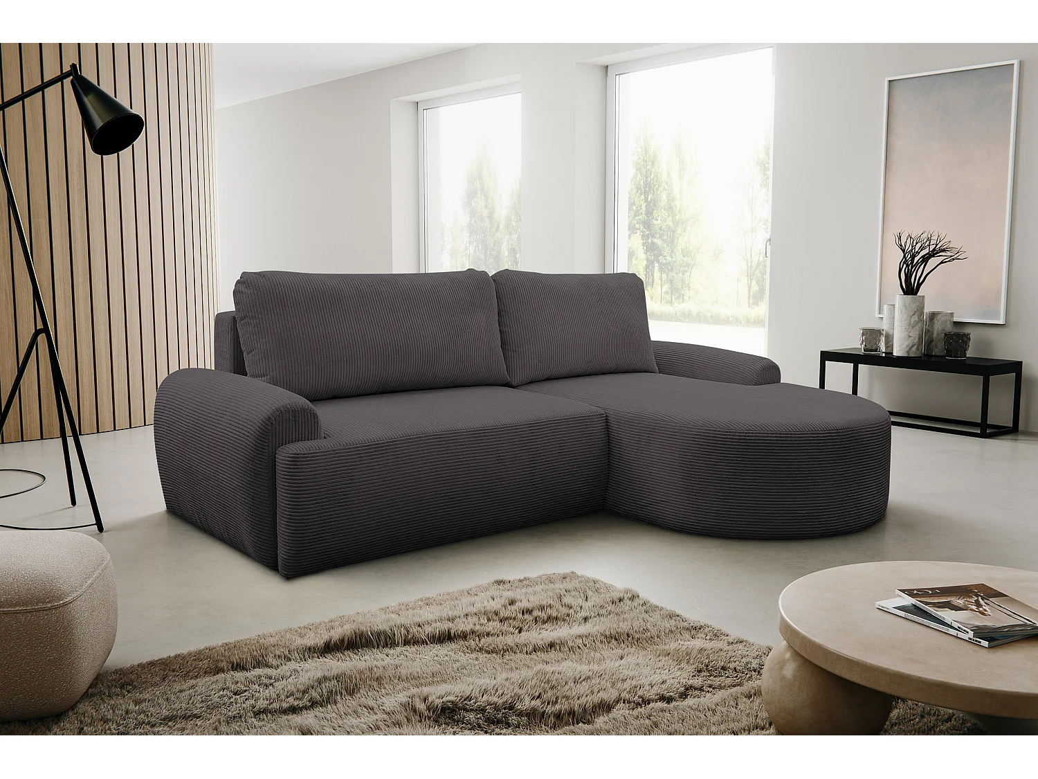 Canapé d'angle Dream Cord avec fonction couchage et coffre de rangement, couleur : gris, tissu velours côtelé, pouf à droite