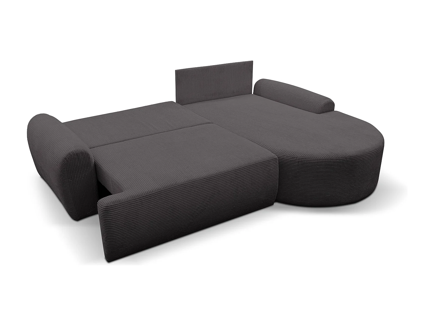 Canapé d'angle Dream Cord avec fonction couchage et coffre de rangement, couleur : gris, tissu velours côtelé, pouf à droite