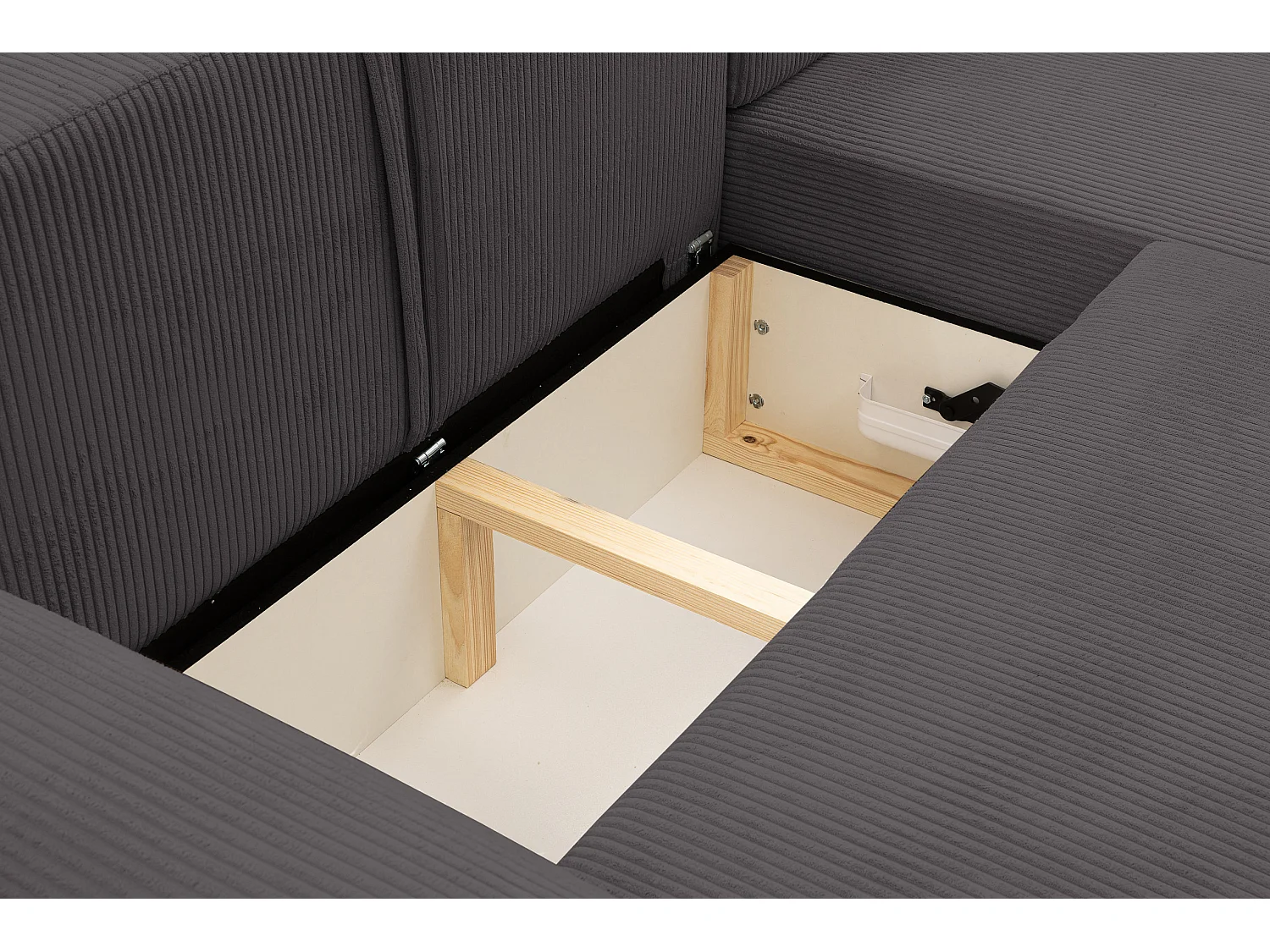 Canapé d'angle Dream Cord avec fonction couchage et coffre de rangement, couleur : gris, tissu velours côtelé, pouf à droite