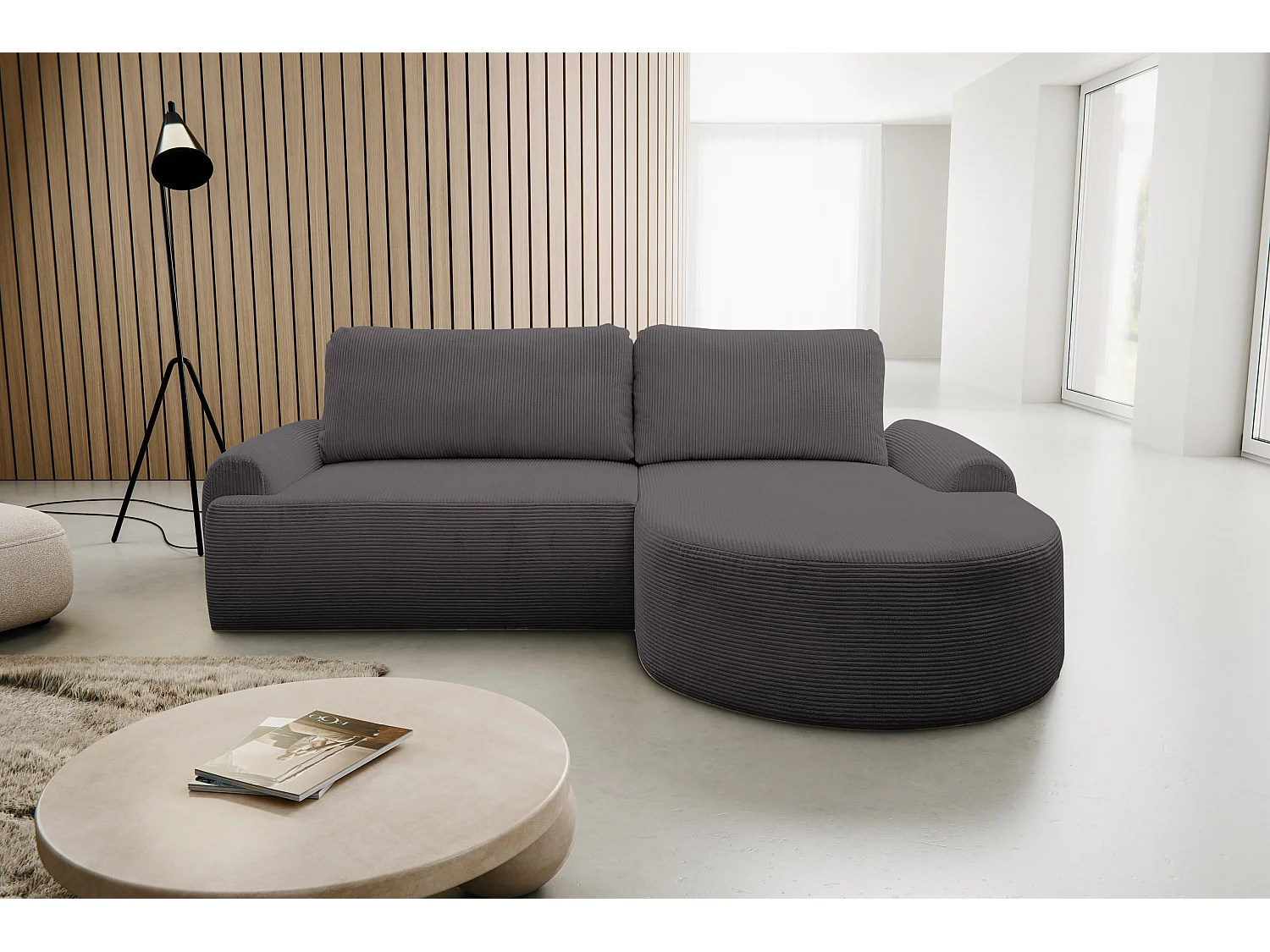 Canapé d'angle Dream Cord avec fonction couchage et coffre de rangement, couleur : gris, tissu velours côtelé, pouf à droite