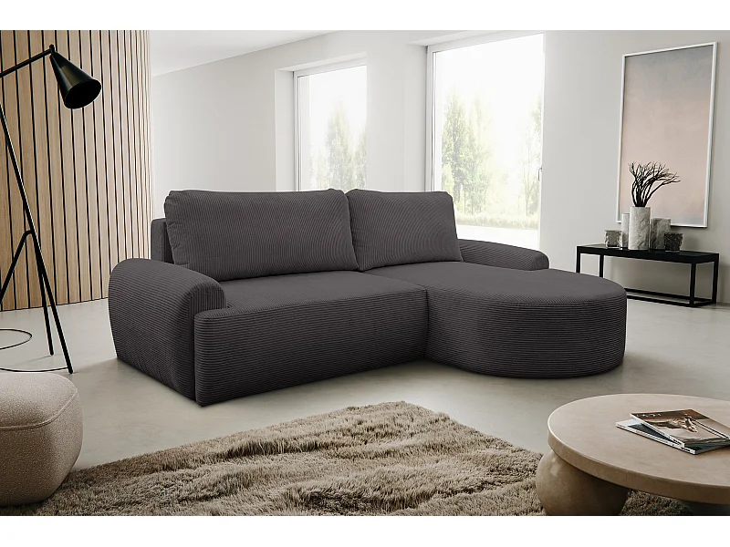 Canapé d'angle Dream Cord avec fonction couchage et coffre de rangement, couleur : gris, tissu velours côtelé, pouf à droite