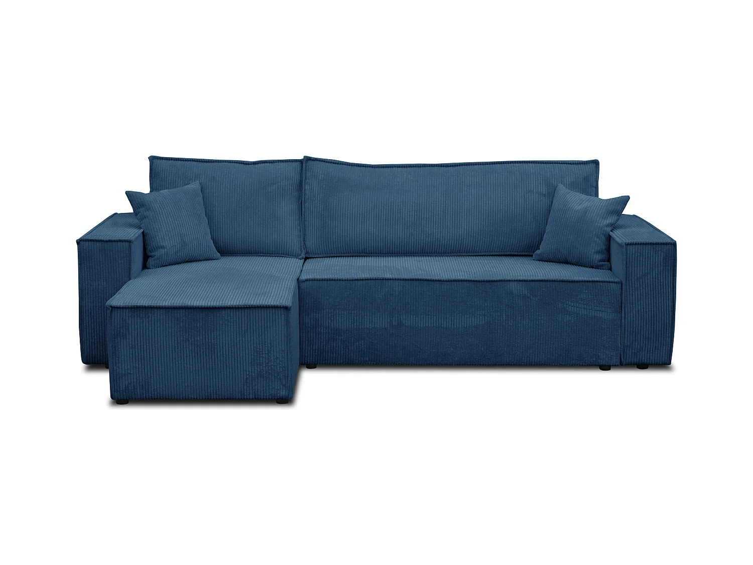 Canapé d'angle Hugo L avec fonction de couchage et coffre de rangement, couleur : bleu, tissu cordé, ottomane universelle