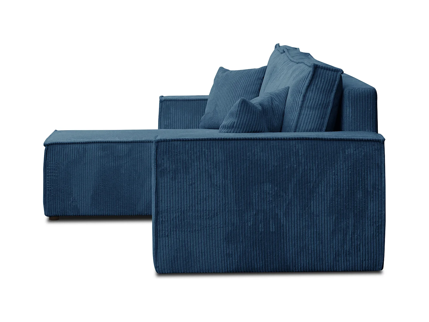 Canapé d'angle Hugo L avec fonction de couchage et coffre de rangement, couleur : bleu, tissu cordé, ottomane universelle