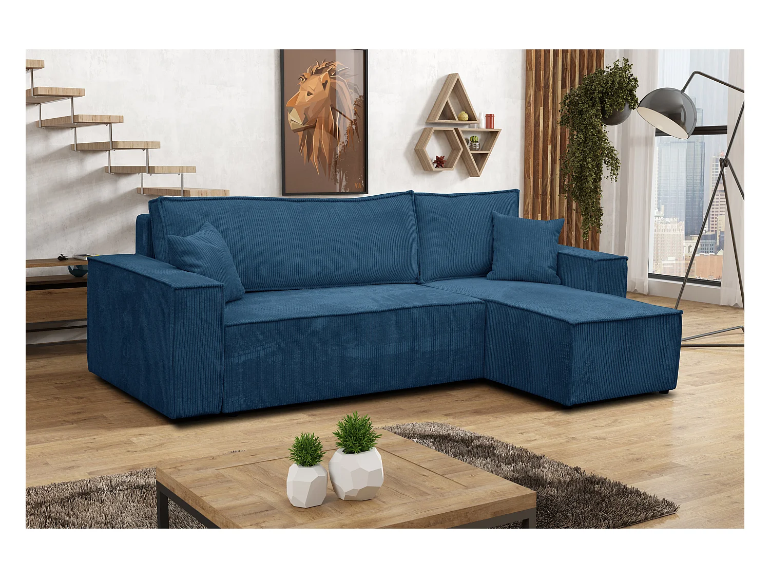 Hoekbank Hugo L, hoekbank in L-vorm met slaapfunctie en bedbak, kleur: blauw, corduroy, universele ottomane
