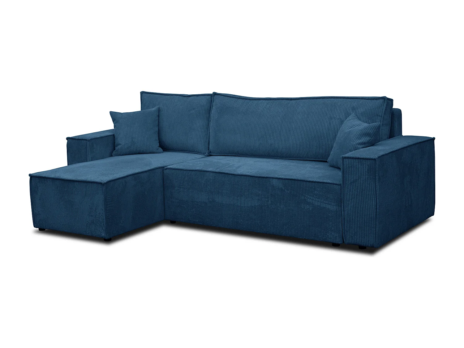 Canapé d'angle Hugo L avec fonction de couchage et coffre de rangement, couleur : bleu, tissu cordé, ottomane universelle