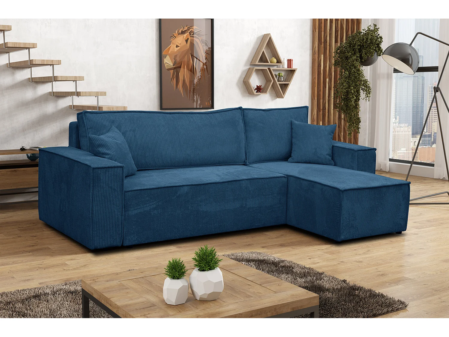 Hoekbank Hugo L, hoekbank in L-vorm met slaapfunctie en bedbak, kleur: blauw, corduroy, universele ottomane