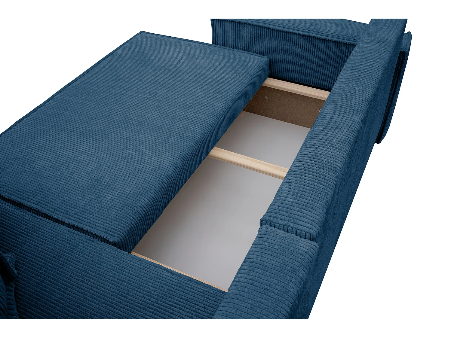 Hoekbank Hugo L, hoekbank in L-vorm met slaapfunctie en bedbak, kleur: blauw, corduroy, universele ottomane