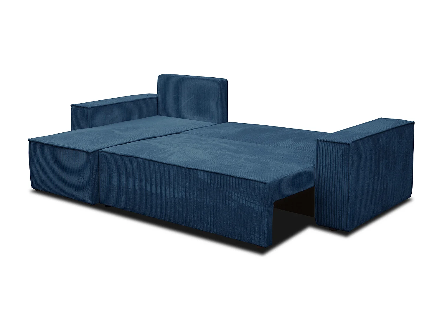 Hoekbank Hugo L, hoekbank in L-vorm met slaapfunctie en bedbak, kleur: blauw, corduroy, universele ottomane