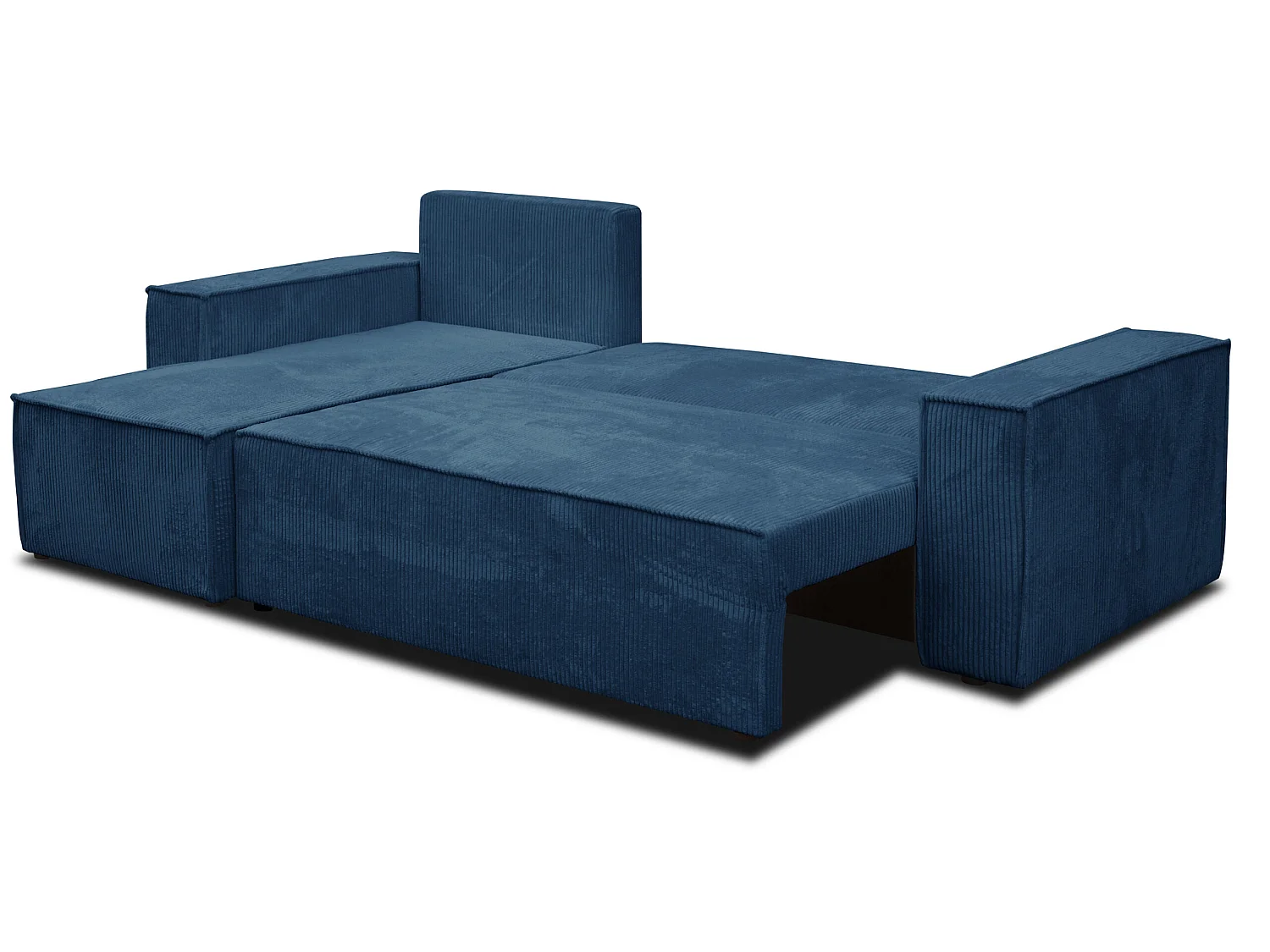 Hoekbank Hugo L, hoekbank in L-vorm met slaapfunctie en bedbak, kleur: blauw, corduroy, universele ottomane