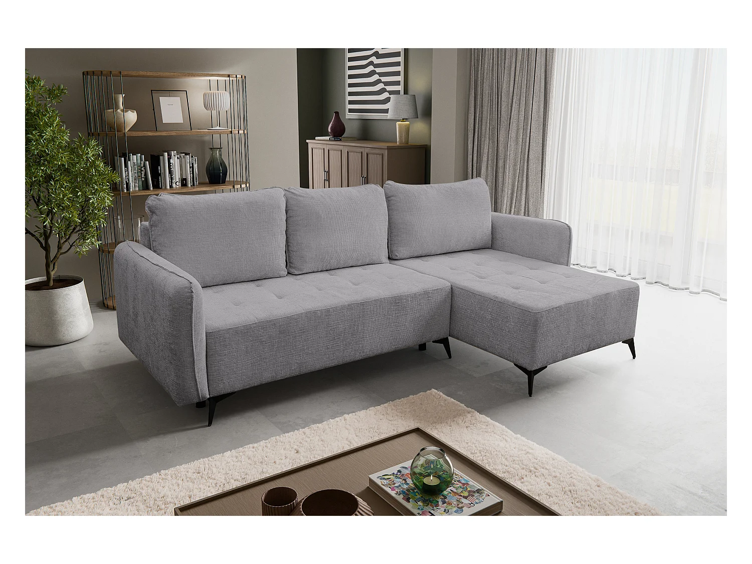 Canapé d'angle Lucky avec fonction couchage et coffre de rangement, couleur : gris, tissu structuré, pouf à gauche ou à droite