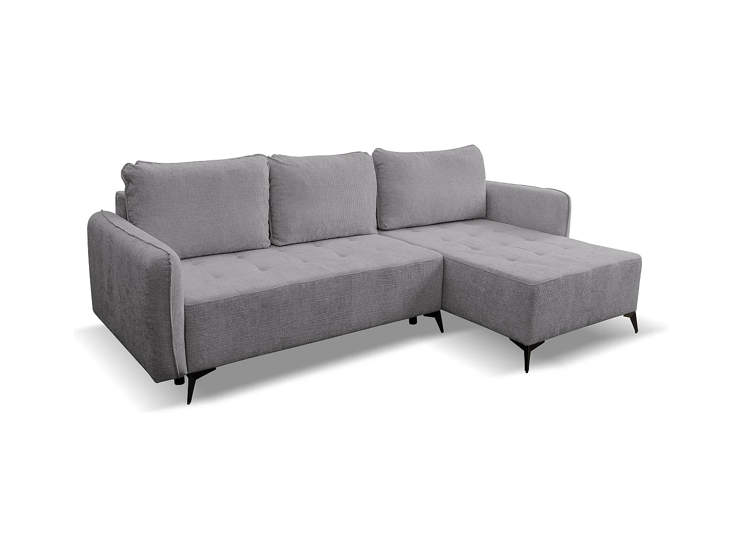 Canapé d'angle Lucky avec fonction couchage et coffre de rangement, couleur : gris, tissu structuré, pouf à gauche ou à droite