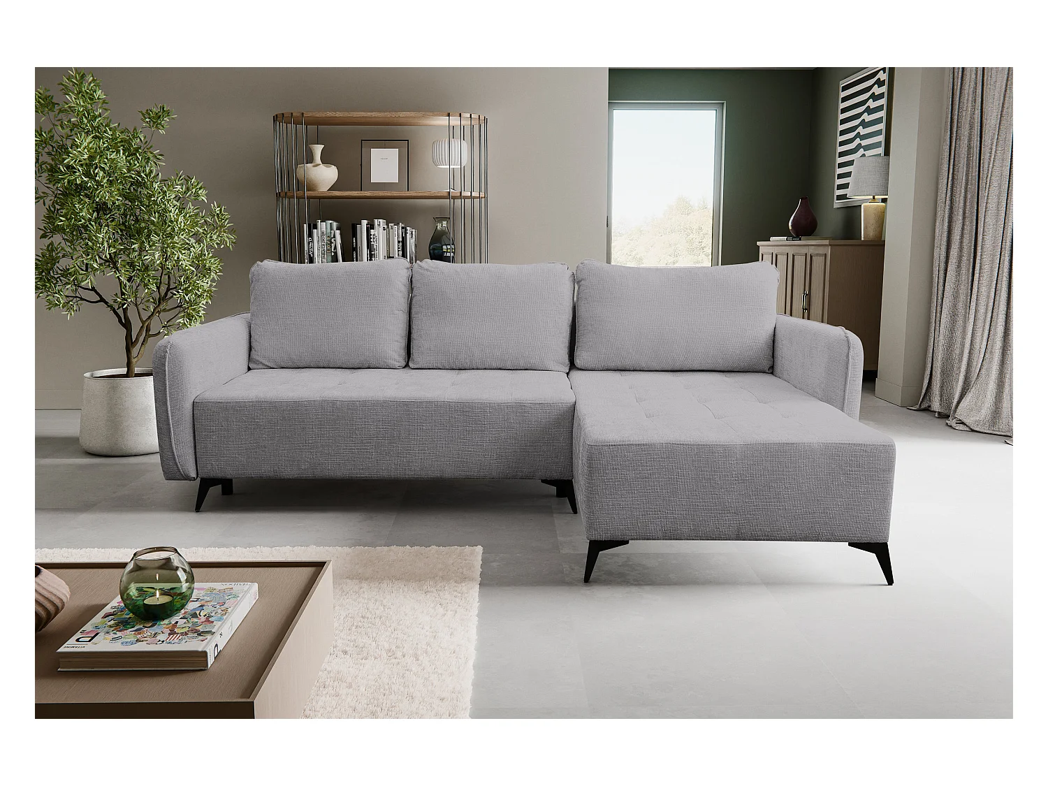 Canapé d'angle Lucky avec fonction couchage et coffre de rangement, couleur : gris, tissu structuré, pouf à gauche ou à droite