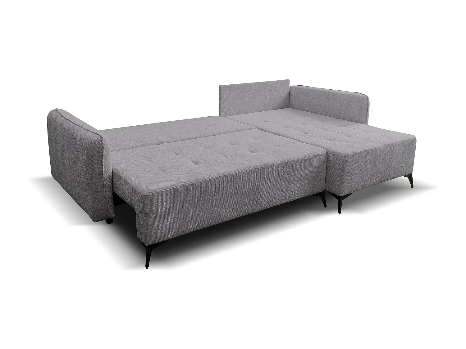 Canapé d'angle Lucky avec fonction couchage et coffre de rangement, couleur : gris, tissu structuré, pouf à gauche ou à droite