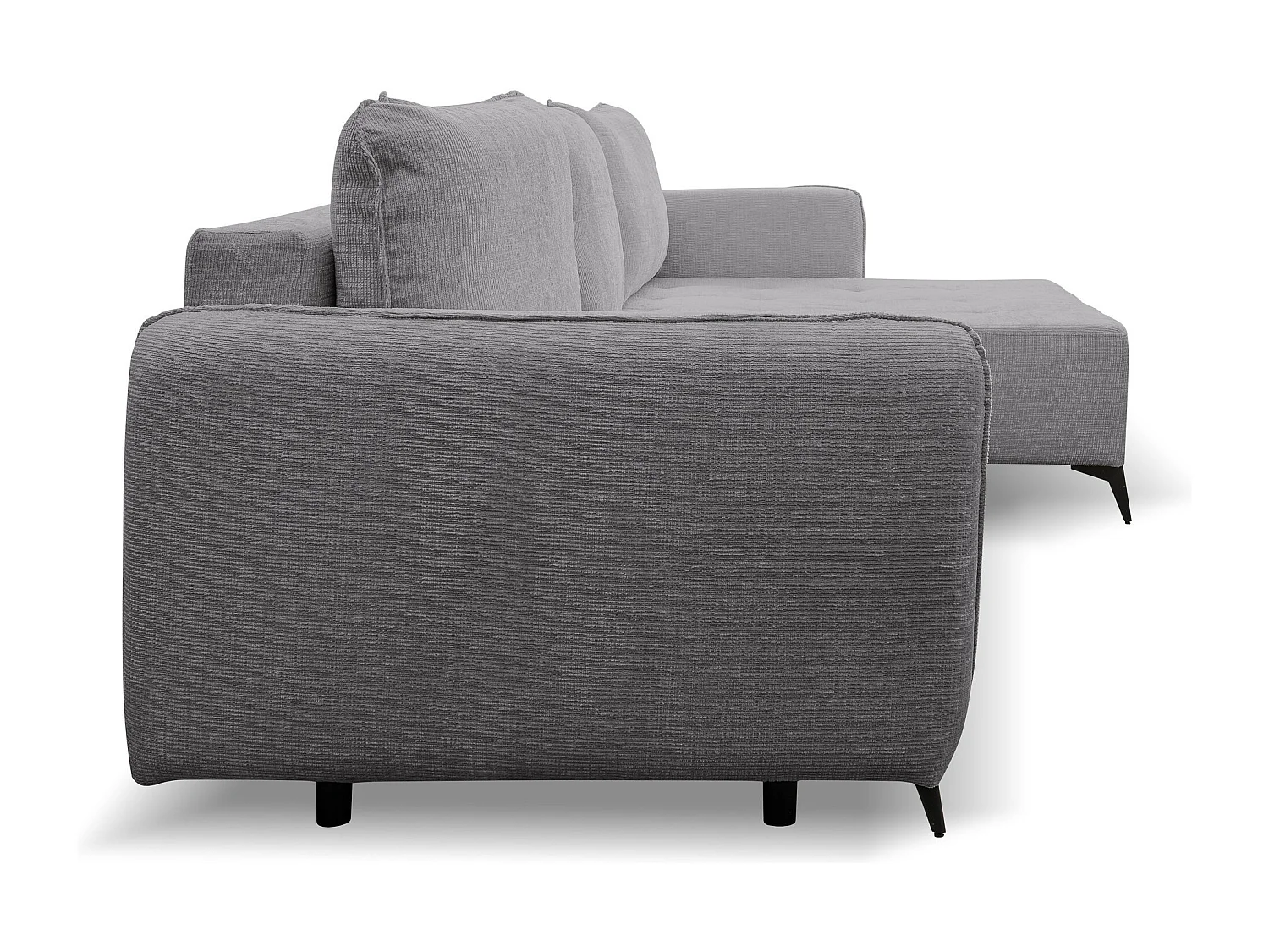 Canapé d'angle Lucky avec fonction couchage et coffre de rangement, couleur : gris, tissu structuré, pouf à gauche ou à droite