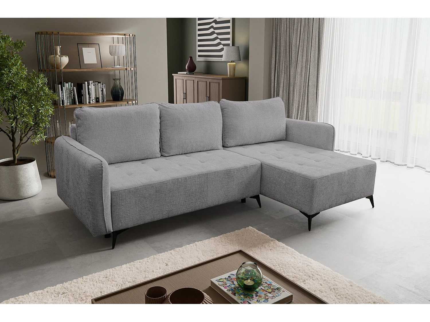 Canapé d'angle Lucky avec fonction couchage et coffre de rangement, couleur : gris, tissu structuré, pouf à gauche ou à droite