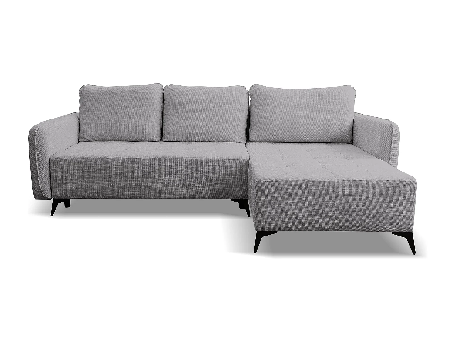 Canapé d'angle Lucky avec fonction couchage et coffre de rangement, couleur : gris, tissu structuré, pouf à gauche ou à droite