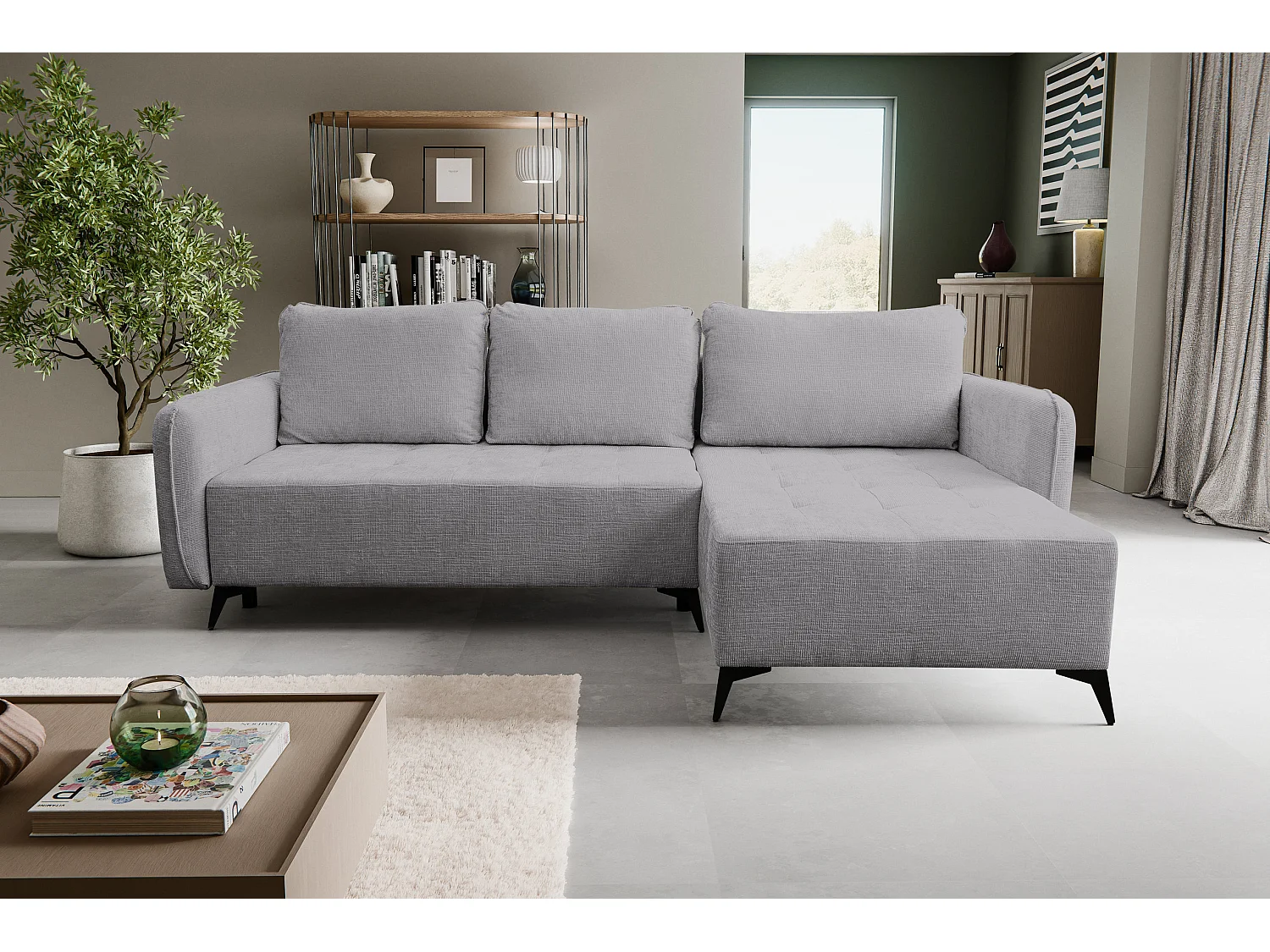 Canapé d'angle Lucky avec fonction couchage et coffre de rangement, couleur : gris, tissu structuré, pouf à gauche ou à droite