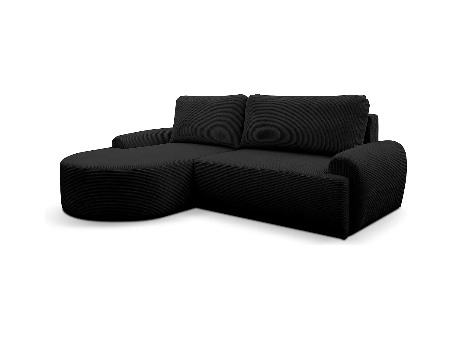 Canapé d'angle Dream Cord avec fonction couchage et coffre de rangement, couleur : noir, tissu cord, pouf à gauche