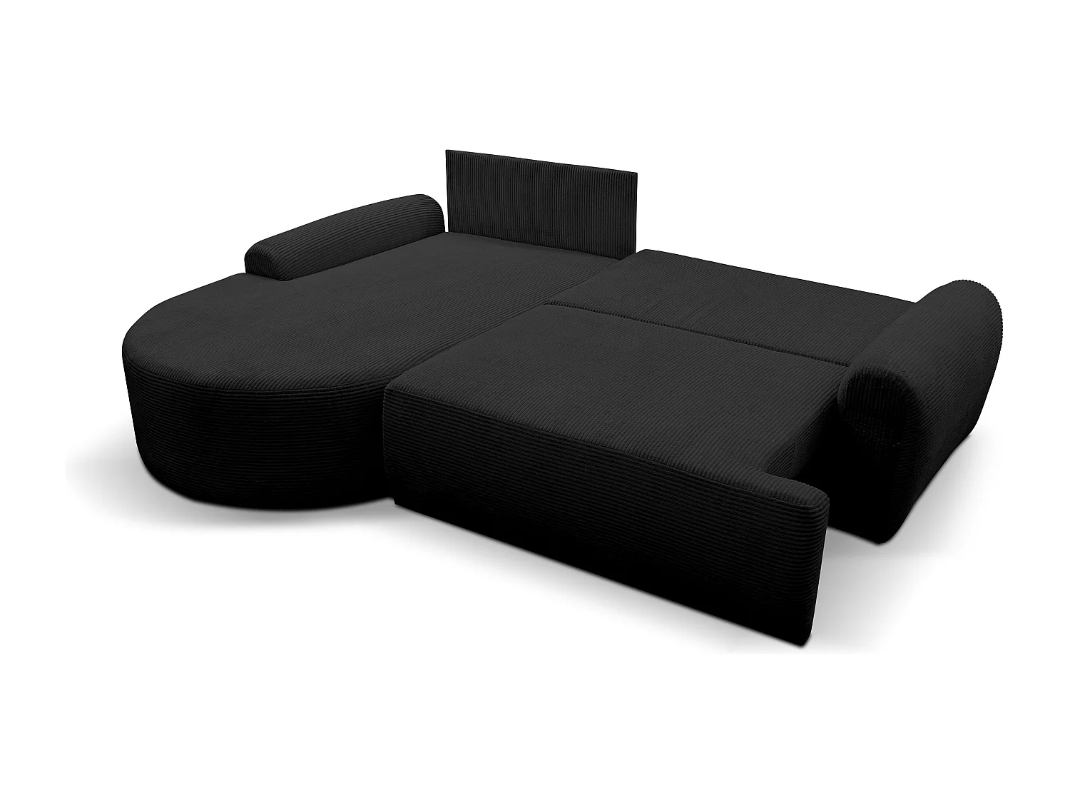 Canapé d'angle Dream Cord avec fonction couchage et coffre de rangement, couleur : noir, tissu cord, pouf à gauche
