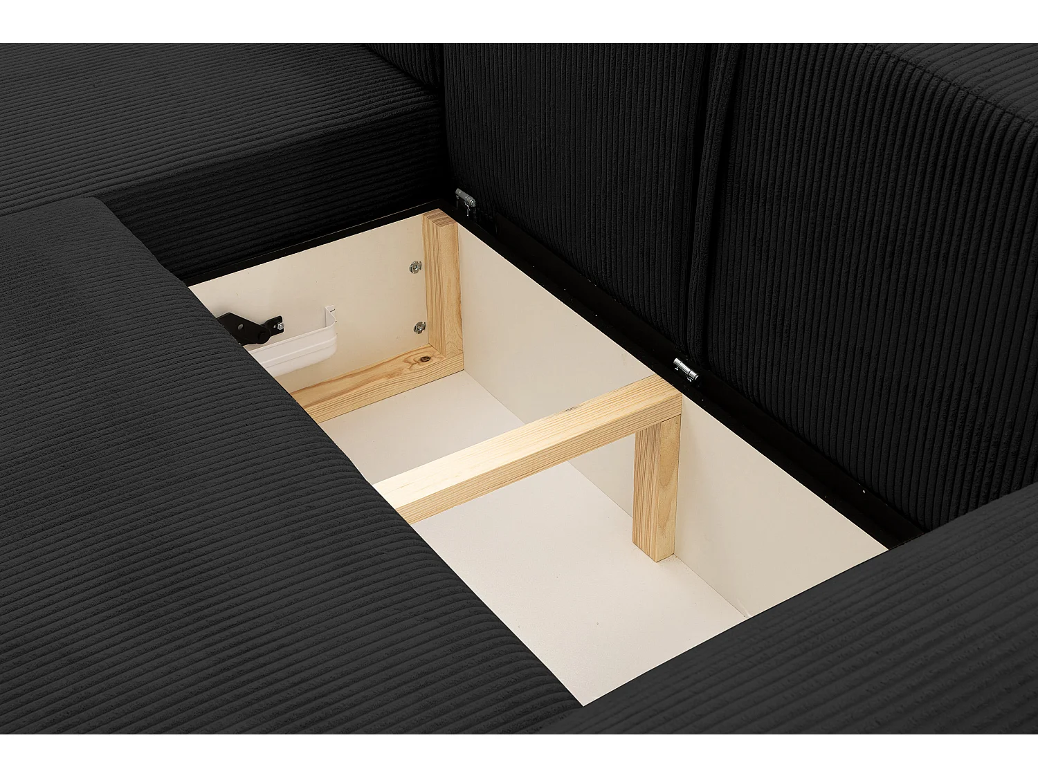 Canapé d'angle Dream Cord avec fonction couchage et coffre de rangement, couleur : noir, tissu cord, pouf à gauche